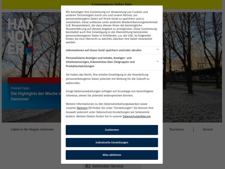 Ein Screenshot einer Seite von Hannover.de mit dem Ansichtssfenster für die Zustimmung zur Verwendung von Cookies.